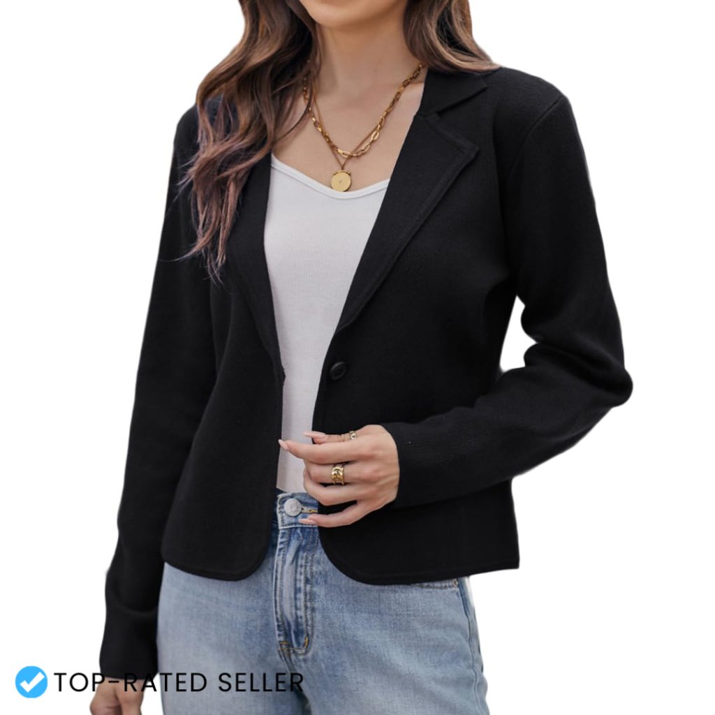 Cropped Knit Blazer Cardigan Lightweight Button Front Chic Work Casual